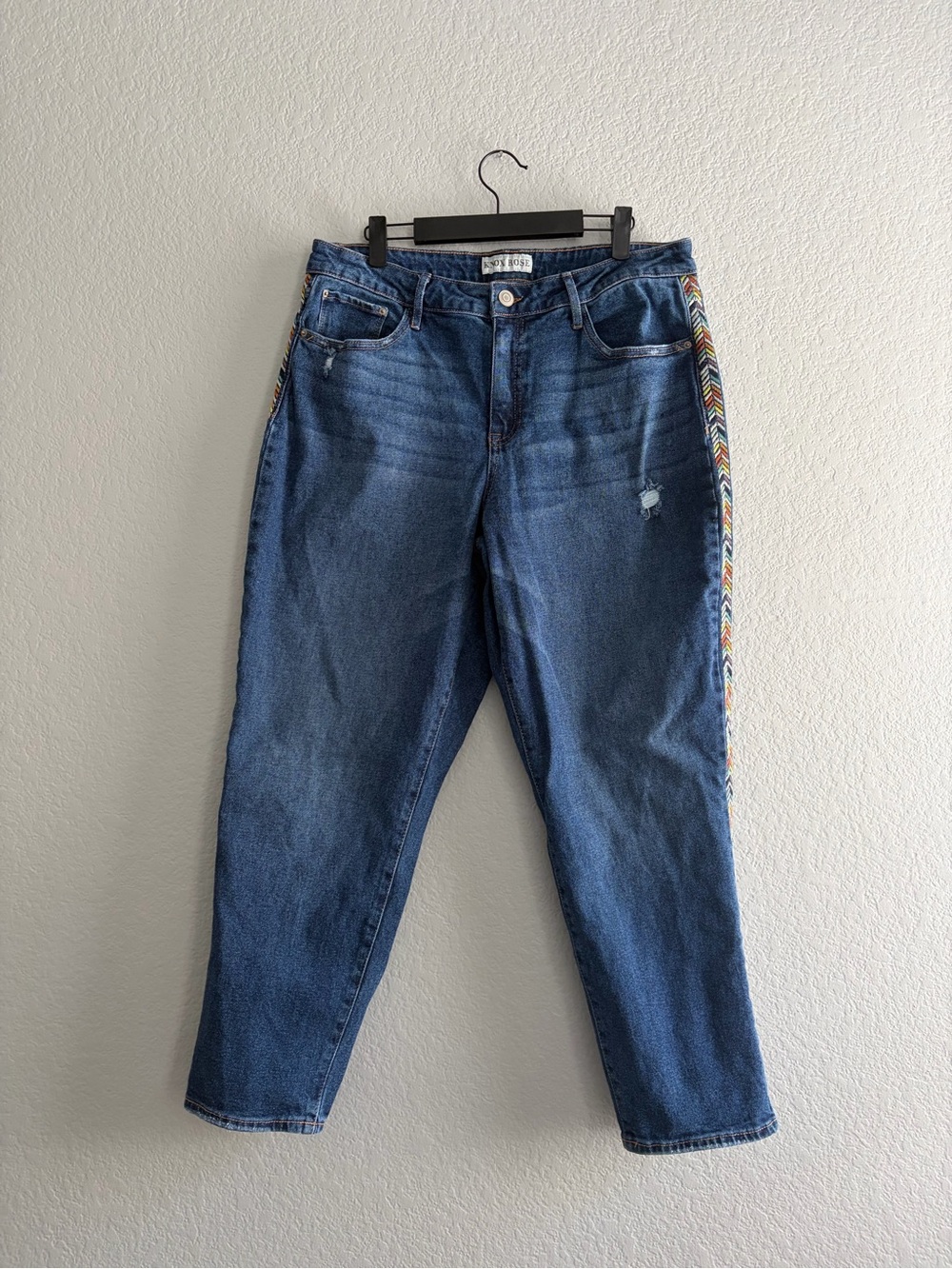 Knox Rose Blue Straight-Leg Jeans with Multicolor Chevron Trim